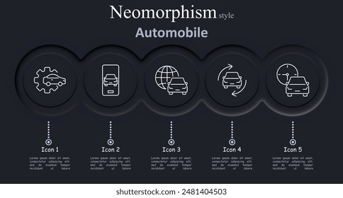 Automobile set icon. Gear, mobile car, global car, car swap, car clock, transport, vehicle, service, technology, rental, schedule, vector, illustration, neomorphism, icons.