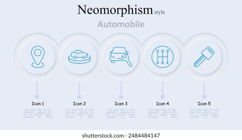 Automobile set icon. Location, car with wrench, gear shift, key. Vehicle, transportation, car maintenance, navigation, repair, driving, auto, service, automotive, mechanic, travel, GPS