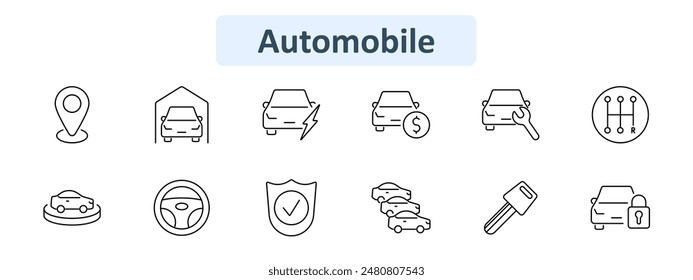 Symbol "Automobil-Satz". Standort Pin, Garage, Elektroauto, Geld, Inspektion, Gangschaltung, Stoßfänger Auto, Lenkrad, Schild Check, Flotte, Schlüssel, verschlossenes Auto. Automobil, Verkehr