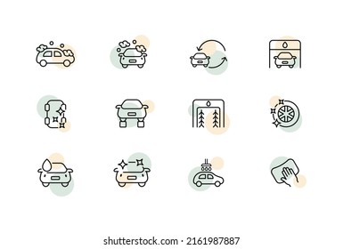 Automobile set icon. Self service car wash, headlight and glass polishing, replacement, service station, wheel replacement. Machine maintenance concept. Vector line icon for Business and Advertising