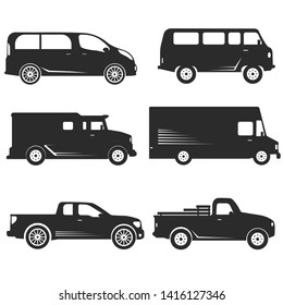 Automobile set isolated on white. Machines models of different sizes or capabilities. Typical configurations of sedan and hatchback, types of trucks and roofless car. 