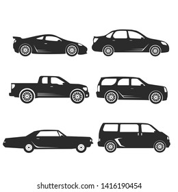 Automobile set isolated on white. Machines models of different sizes or capabilities. Typical configurations of sedan and hatchback, types of trucks and roofless car. 