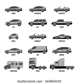 Automobile set isolated on white. Machines models of different sizes or capabilities. Typical configurations of sedan and hatchback, types of trucks and roofless car. Luxury and domestic cars vector