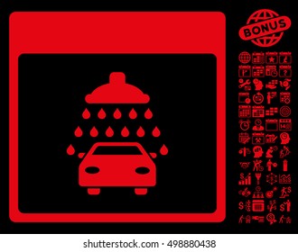 Automobile Shower Calendar Page icon with bonus calendar and time management icon set. Vector illustration style is flat iconic symbols, red, black background.