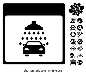 Automobile Shower Calendar Page icon with bonus tools pictograms. Vector illustration style is flat iconic symbols, black, white background.