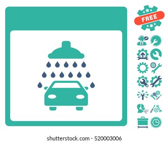 Automobile Shower Calendar Page pictograph with bonus configuration images. Vector illustration style is flat iconic symbols, cobalt and cyan, white background.