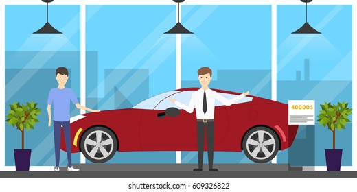 Automobile showroom set on white background. Cars, salesmen and visitors.
