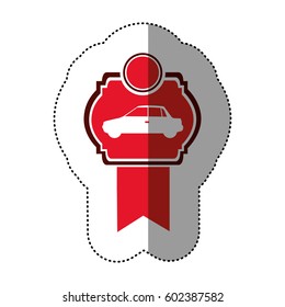 automobile of side view in red background and heraldic frame with red ribbon vector illustration