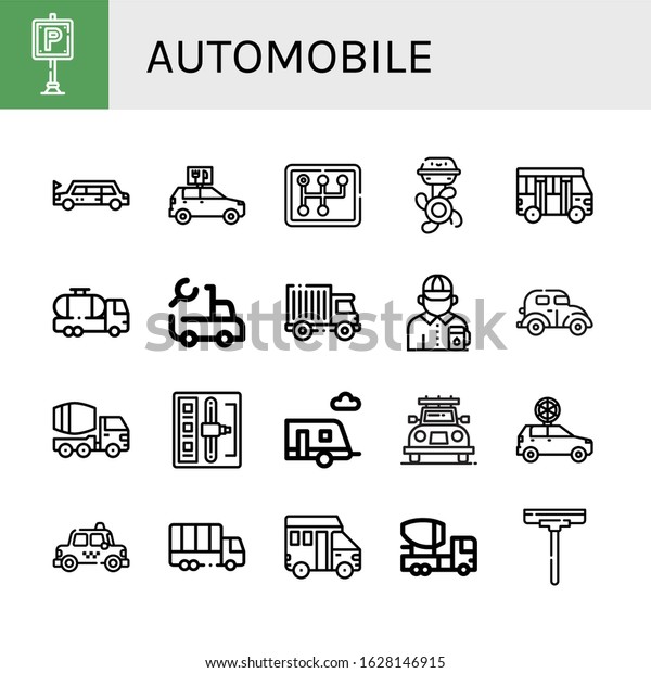 automobile simple icons set. Contains such icons as\
Parking, Limousine, Car, Gearstick, Boat engine, School bus, Tank\
truck, Truck, Gas station attendant, can be used for web, mobile\
and logo