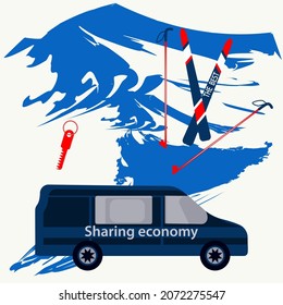 Automobile. Snowy mountains, skis, key. Design Concept. Joint economy. Vector Banner. Sharing concept.