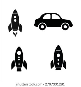 Ícones vetoriais de foguetes de automóvel e espacial definidos para transporte