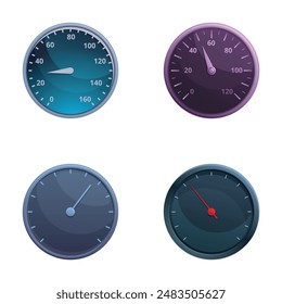 Automobile speedometer icons set cartoon vector. Different style of speedometer. Speed indicator