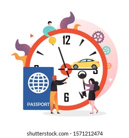 Automobile standing on huge clock hand, big passport and micro male and female characters with key, dollar coin, vector illustration. Rent car with cash money concept for web banner, website page etc.