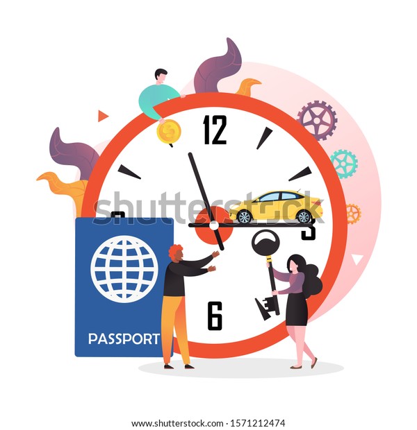 Automobile standing on huge clock hand, big passport\
and micro male and female characters with key, dollar coin, vector\
illustration. Rent car with cash money concept for web banner,\
website page etc.