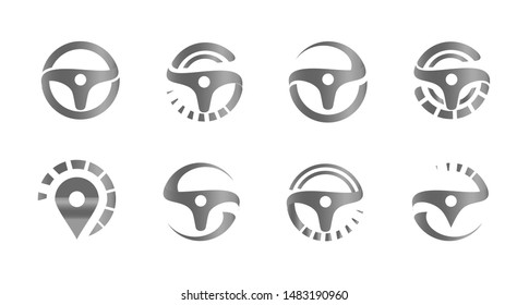 Automobile steering wheels, set of abstract icons, logo template for car service, auto repair shop emblems, tire fitting symbols, racing competitions and tuning studios logotype collection. 