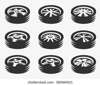 Automobile steering wheels, set of abstract icons, logo template for car service, auto repair shop emblems, tire fitting symbols, racing competitions and tuning studios logotype collection. 