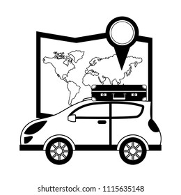 automobile with suitcase on roof navigation map location