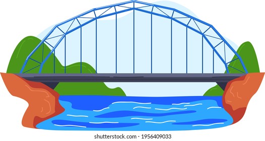 Automobile suspension bridge over bay in america, colorful architecture, cartoon style vector illustration, isolated on white.