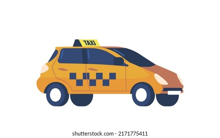 Automobile Taxi Service, Urban Logistic Passenger Transport Company. Taxi Car, Yellow Taxicab Sedan with Checker Oracle and Light Box on Roof Isolated on White Background. Cartoon Vector Illustration