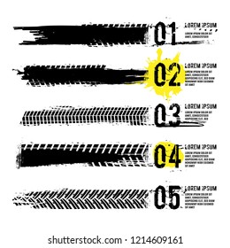 Automobile tire tracks vector illustration. Grunge automotive element useful for poster, print, flyer, report, leaflet design. Editable graphic image in black color isolated on a white background.
