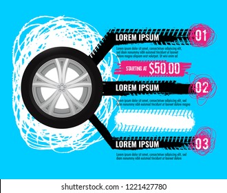 Automobile tire tracks vector illustration. Grunge automotive element useful for poster, print, flyer, report, leaflet design. Editable graphic image in bright color isolated on a blue background.