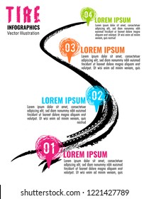 Automobile tire tracks vector illustration. Grunge automotive element useful for poster, print, flyer, report, leaflet design. Editable graphic image in bright color isolated on a white background.