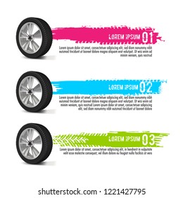 Automobile tire tracks vector illustration. Grunge automotive element useful for poster, print, flyer, report, leaflet design. Editable graphic image in bright color isolated on a white background.