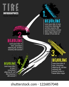 Automobile tire tracks vector illustration. Grunge automotive element useful for poster, print, flyer, report, leaflet design. Editable graphic image in bright color isolated on dark grey background.