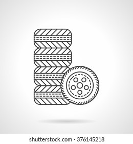 Automobile tires. Kit of car wheels. Car services. Shop for auto spare parts. Vector icon flat thin line style. Element for web design, business, mobile app. 