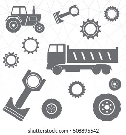 Automobile Tractor and Farming Machinery Spare Parts Vector Icons Composition - Grey Gears Machines Pistons and Wheels on White Mosaic Background - Infographic Silhouette Style