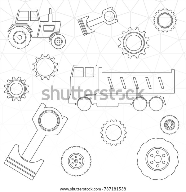 Automobile Tractor\
and Farming Machinery Spare Parts Vector Icons Composition - Grey\
Outlined Gears Machines Pistons and Wheels on White Mosaic\
Background - Vector Thin Line\
Graphics