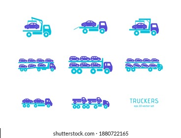 Transportador de automóvil - conjunto de iconos vectoriales. Símbolo de web, infografía, diseño de impresión y kit de interfaz de usuario de UX móvil. Ilustración del vector, EPS10.