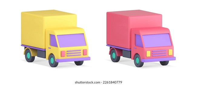 Automobile truck cab container cargo order courier delivery service 3d icon set realistic vector illustration. Lorry van business transportation commercial distribution logistic freight company