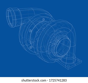 Automobile turbocharger concept outline. Vector rendering of 3d. Wire-frame style. The layers of visible and invisible lines are separated