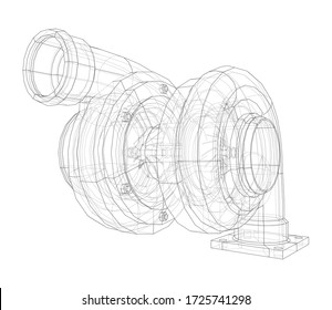 Automobile turbocharger concept outline. Vector rendering of 3d. Wire-frame style. The layers of visible and invisible lines are separated
