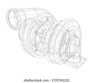 Automobile turbocharger concept outline. Vector rendering of 3d. Wire-frame style. The layers of visible and invisible lines are separated