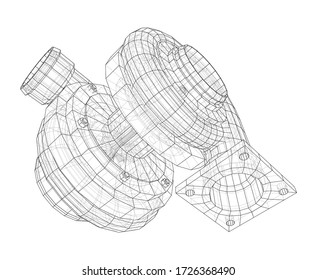 Automobile turbocharger concept outline. Vector rendering of 3d. Wire-frame style. The layers of visible and invisible lines are separated