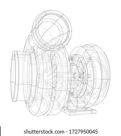 Automobile turbocharger concept outline. Vector rendering of 3d. Wire-frame style. The layers of visible and invisible lines are separated