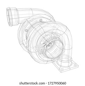 Automobile turbocharger concept outline. Vector rendering of 3d. Wire-frame style. The layers of visible and invisible lines are separated