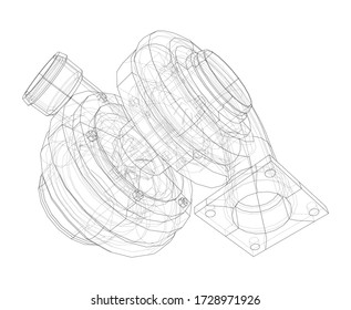Automobile turbocharger concept outline. Vector rendering of 3d. Wire-frame style. The layers of visible and invisible lines are separated