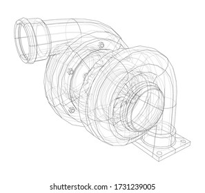 Automobile turbocharger concept outline. Vector rendering of 3d. Wire-frame style. The layers of visible and invisible lines are separated