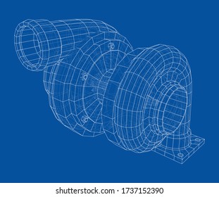 Automobile turbocharger concept outline. Vector rendering of 3d. Wire-frame style. The layers of visible and invisible lines are separated
