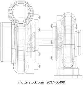 Automobile turbocharger concept outline. Vector rendering of 3d. Wire-frame style. Orthography or isometric