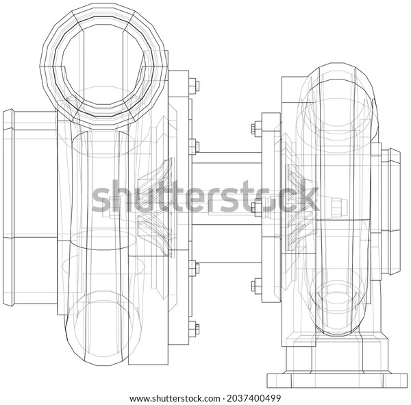 Automobile turbocharger\
concept outline. Vector rendering of 3d. Wire-frame style.\
Orthography or\
isometric