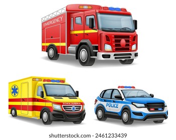 Ilustración vectorial aislada en el fondo blanco del coche del automóvil de los diversos servicios de la emergencia y del rescate