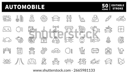 Automobile vector icons in line style. Automotive icons collection. Car related icons set. Outline icons set related to car, auto, automobile.