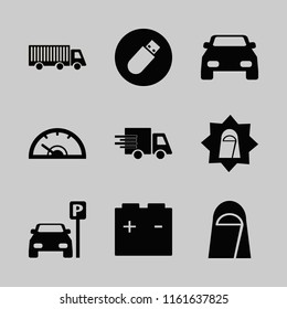 automobile vector icons set. with arab woman, fast delivery truck, car battery and car in set