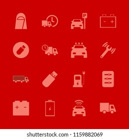 automobile vector icons set. with battery, arab woman, car battery and fast delivery truck in set