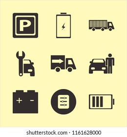 automobile vector icons set. with filter, car repair, man with car and parking sign in set