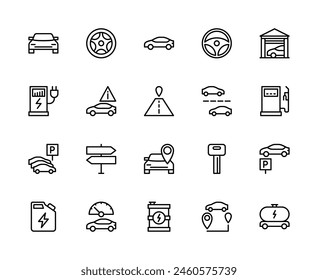 Automobile vector linear icons set. Contains such icons as automobile, car, car wheel, steering wheel, car lights, stop signal and more. Isolated icon collection of automobile on white background.